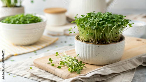 Small white ceramic pot with growing microgreens, light wooden surface. Microgreens look fresh and juicy, adding a bright green accent. photo