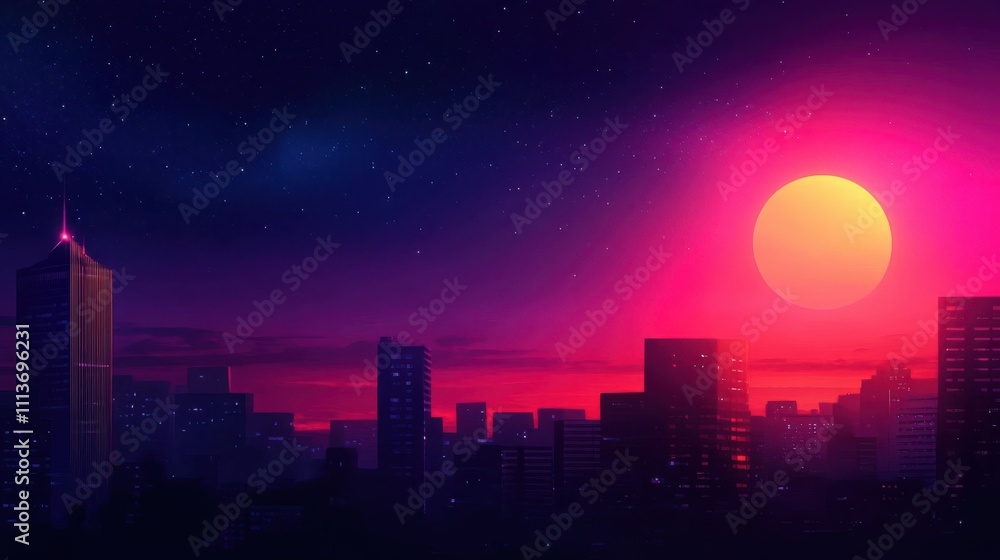 A vibrant sunset casts a pink glow over a city skyline, creating a serene and atmospheric night scene filled with stars. A vibrant sunset casts a pink glow over a city skyline, creating a serene and atmospheric night scene filled with stars.
