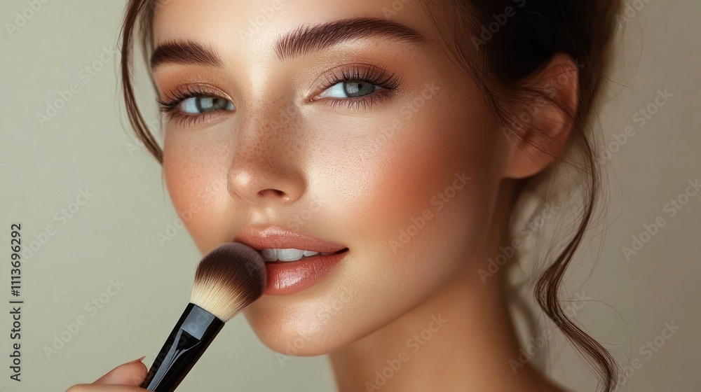 Young Woman Applying Makeup with Brush in Soft Natural Light on Beige Background Healthy Skin Beauty Glamour Young Woman Applying Makeup with Brush in Soft Natural Light on Beige Background Healthy Skin Beauty Glamour