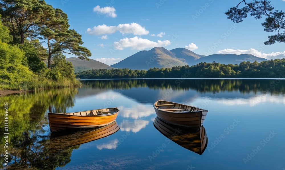 Serene lake with wooden boats, tranquil water reflecting mountains and trees, clear blue sky, peaceful nature scene Serene lake with wooden boats, tranquil water reflecting mountains and trees, clear blue sky, peaceful nature scene