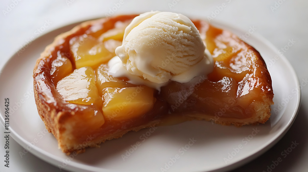 Tarte Tatin served with a small scoop of vanilla ice cream on top Tarte Tatin served with a small scoop of vanilla ice cream on top