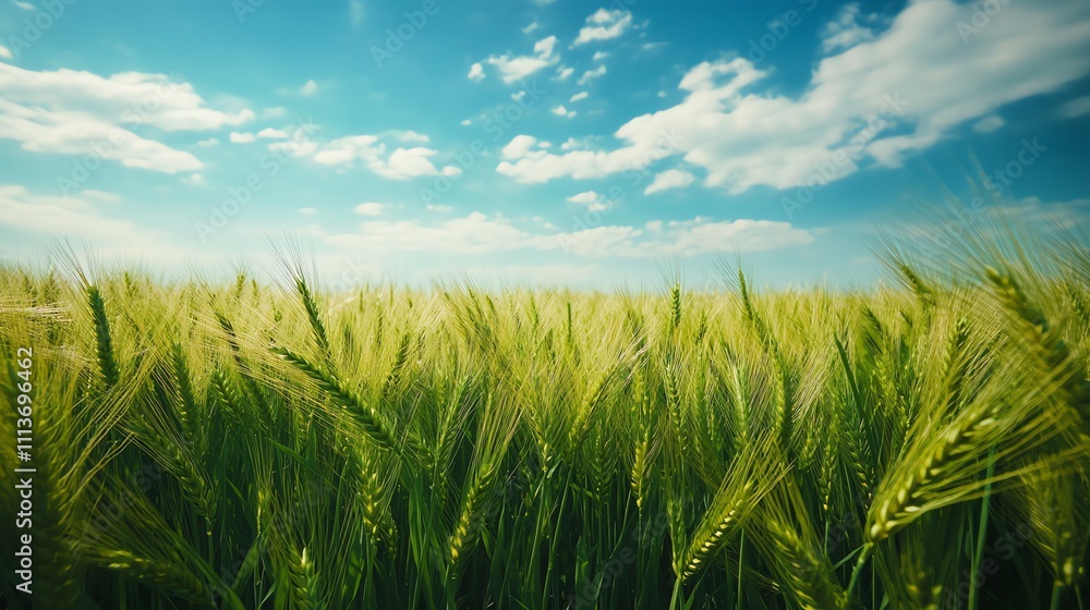 Green wheat field with a blue sky and clouds. Green wheat field with a blue sky and clouds.