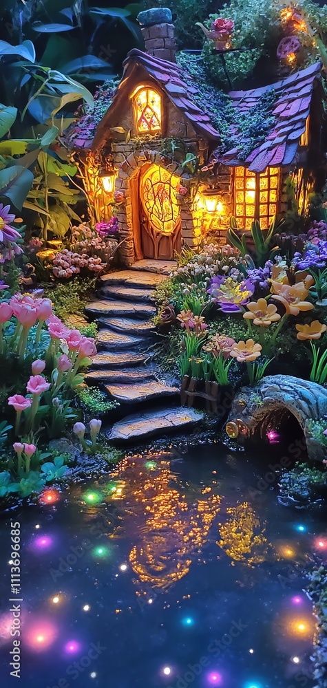 Fototapeta premium Enchanting fairy garden adventure hidden glade magical scene lush nature nighttime glow whimsical charm