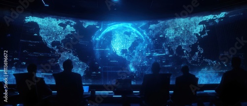 A futuristic control room displays a glowing map of the world, highlighting global activity with silhouettes of people observing from the foreground.