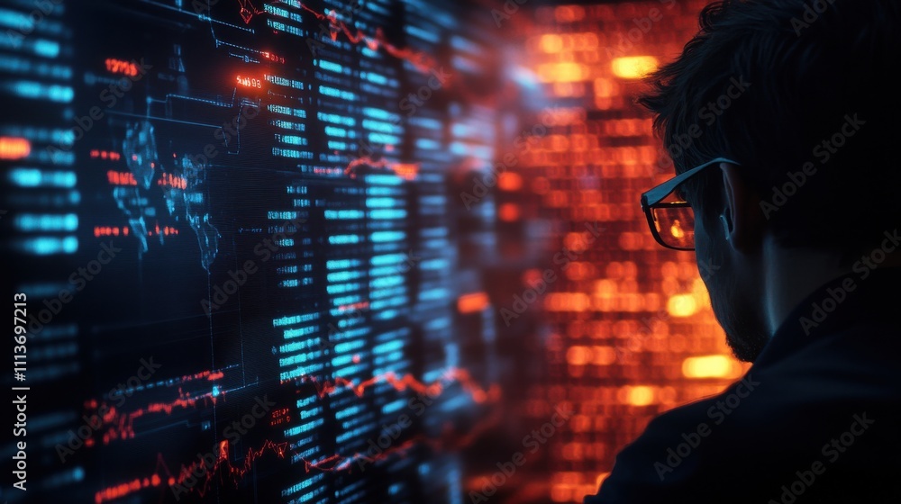 A person with glasses analyzes vibrant data streams on a digital interface, symbolizing technology and innovation in a high-tech environment. A person with glasses analyzes vibrant data streams on a digital interface, symbolizing technology and innovation in a high-tech environment.