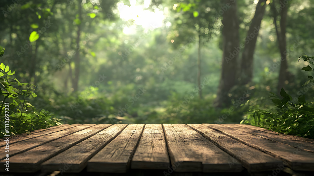 A serene forest scene featuring a wooden platform surrounded by lush greenery. A serene forest scene featuring a wooden platform surrounded by lush greenery.