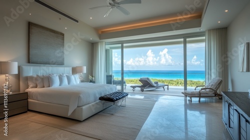 photograph of modern apartment master bedroom with natural light, 10 foot high flat ceiling and view onto balcony and Caribbean sea beyond. d