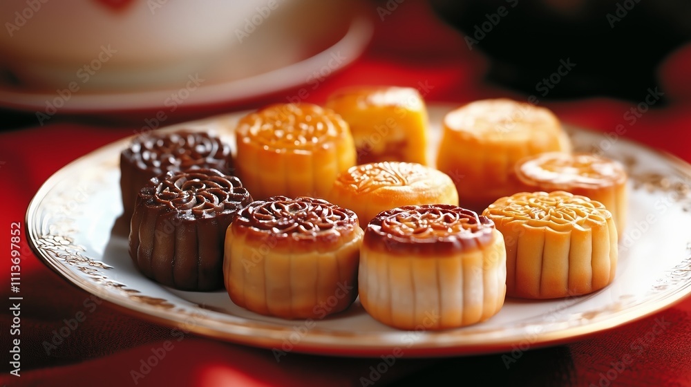 Delicate mooncakes arranged on a decorative plate in festive celebration setting Delicate mooncakes arranged on a decorative plate in festive celebration setting