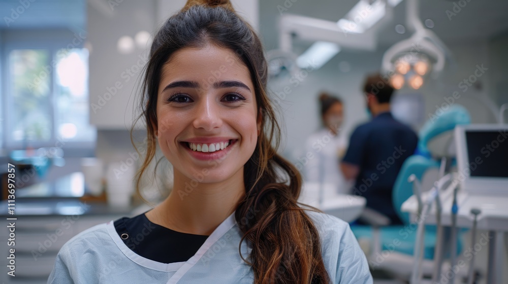 A portrait of a dental assistant smiling at the camera with the dentist working in the background A portrait of a dental assistant smiling at the camera with the dentist working in the background