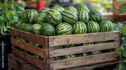 a wooden crate full of watermelons