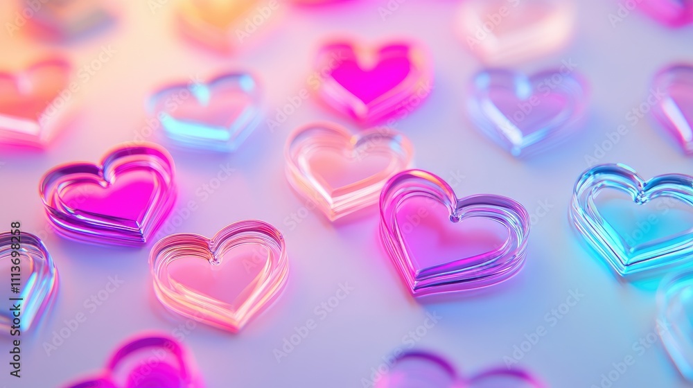 A collection of heart symbols in neon colors scattered on a pale white background. A collection of heart symbols in neon colors scattered on a pale white background.