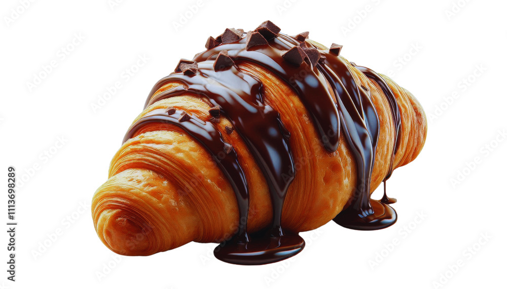 A croissant with melted and spilled chocolate filling, fast food, isolated on transparent background A croissant with melted and spilled chocolate filling, fast food, isolated on transparent background