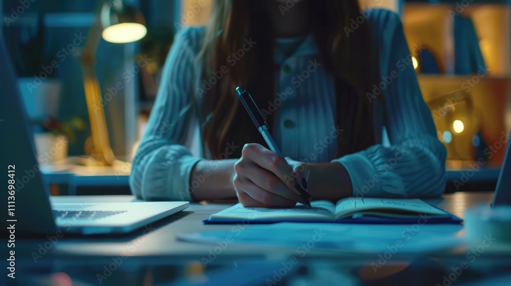 Close up of female hands making notes in the notepad at office Close up of female hands making notes in the notepad at office