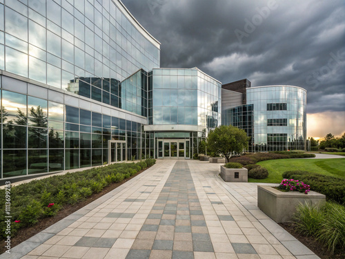 building with a glossy glass facade, open doorway, and a clean tiled walkway extending.