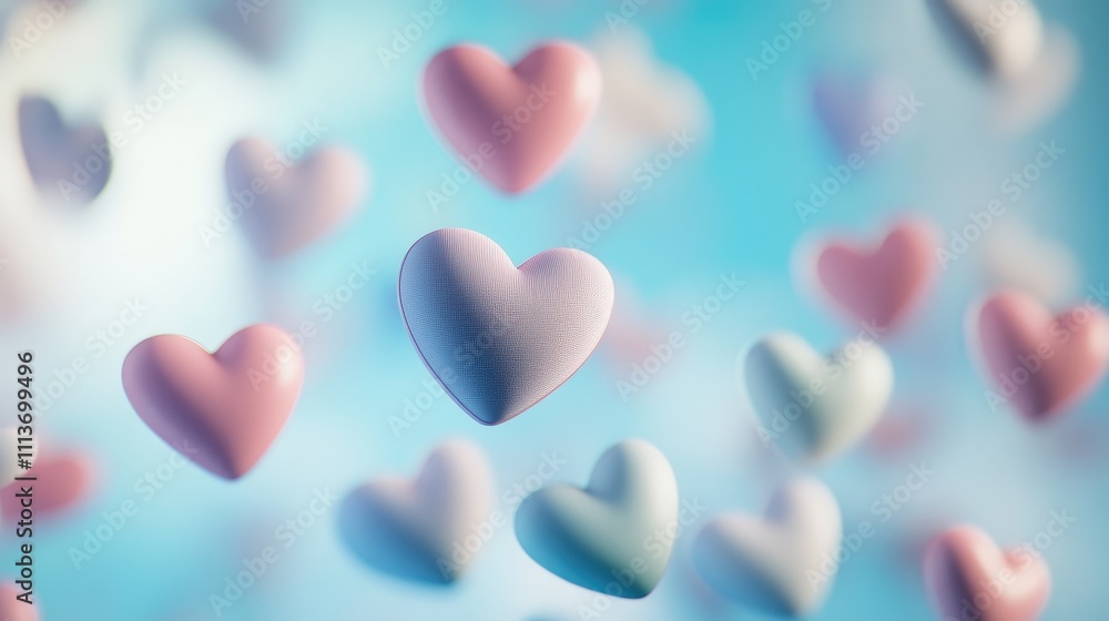 A group of small pastel-colored hearts floating gently on a light sky-blue background. A group of small pastel-colored hearts floating gently on a light sky-blue background.