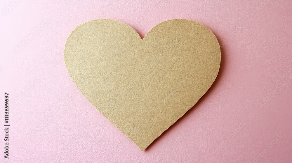 A heart cut out from brown craft paper, positioned on a soft pastel pink background. A heart cut out from brown craft paper, positioned on a soft pastel pink background.
