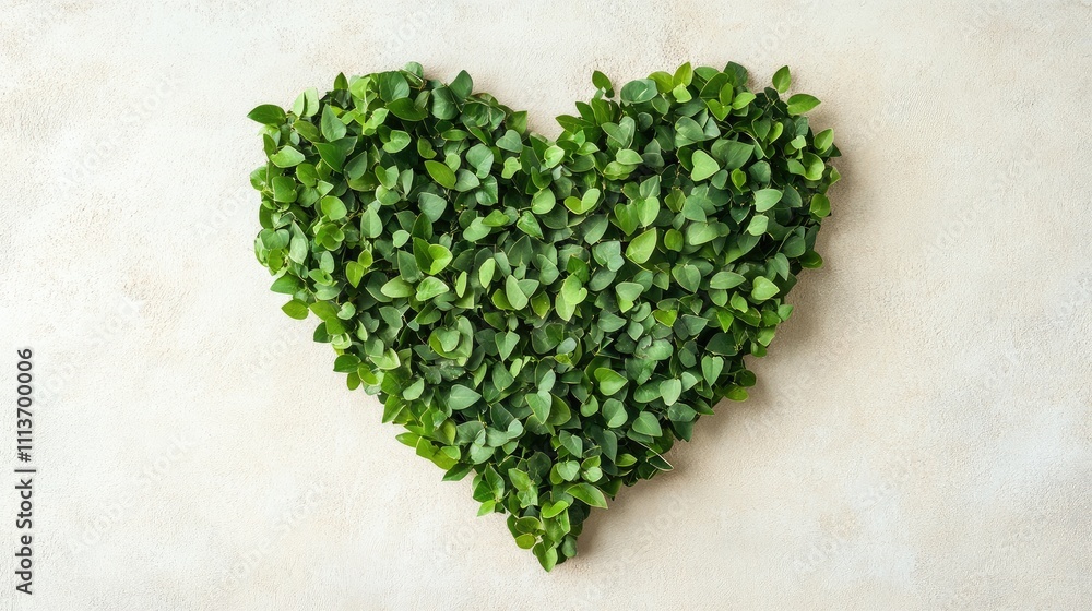 A heart shape formed with natural green leaves, displayed on a pale beige background. A heart shape formed with natural green leaves, displayed on a pale beige background.