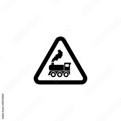 Vintage train warning sign, triangular caution symbol.