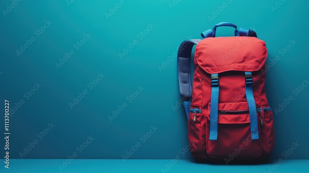 Red Backpack on a Blue Background Red Backpack on a Blue Background