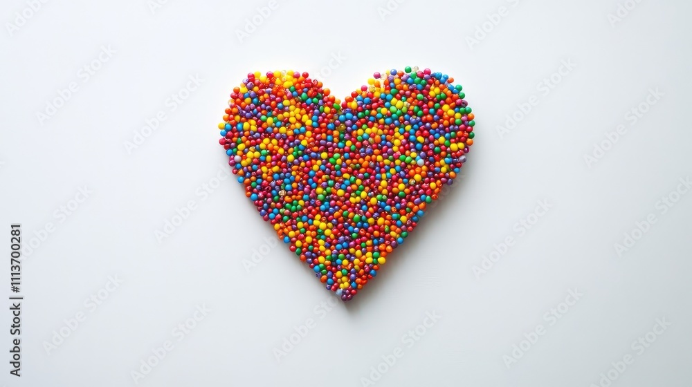 A heart symbol created using tiny colorful beads, arranged on a simple white surface. A heart symbol created using tiny colorful beads, arranged on a simple white surface.