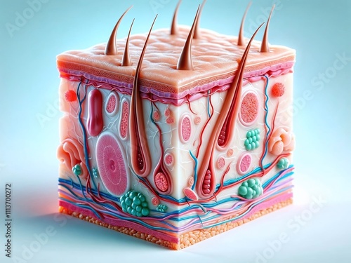 Fototapeta Naklejka Na Ścianę i Meble -  A highly detailed 3D model of human skin layers, depicting anatomy with vibrant colors. Highlights include hair follicles, nerves, and glands.