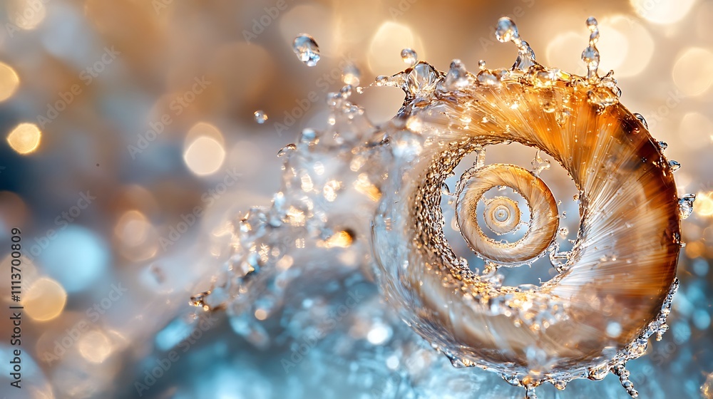 Water Splashing Over Golden Spiral Shell