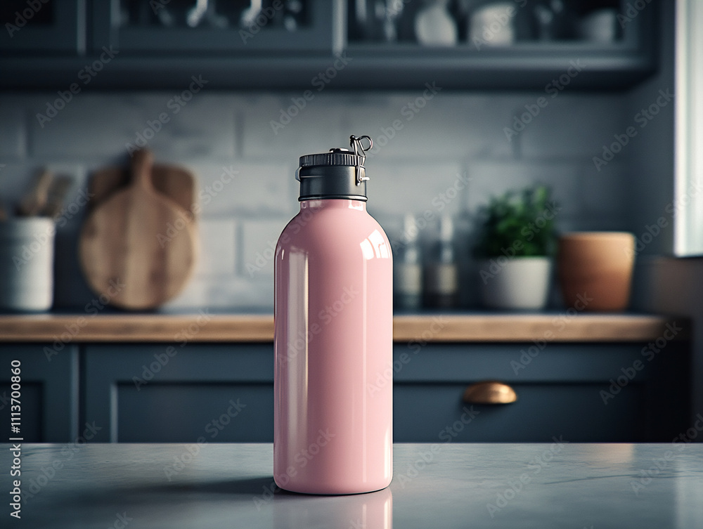 Pink water bottle on counter Pink water bottle on counter
