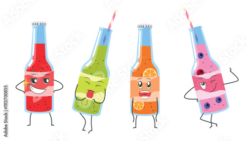 Set of funny drink bottle characters with straws in cartoon style. Vector illustration of fruit juice bottle characters: smiling brightly, showing tongue, cute, winking isolated on white background.