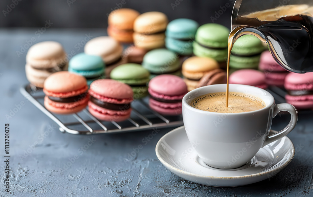 Barista pouring espresso into a cup with a rack of colorful macarons in the background, menu written in a stylish overlay Barista pouring espresso into a cup with a rack of colorful macarons in the background, menu written in a stylish overlay