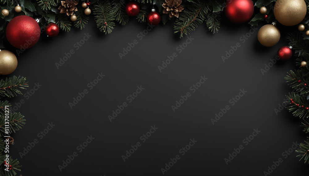 Black Background With Christmas Tree And Decorations On The Edge – Festive Holiday Design Featuring Ornaments, Lights, And Pine Branches For Greeting Cards, Posters, And Seasonal Invitations Black Background With Christmas Tree And Decorations On The Edge – Festive Holiday Design Featuring Ornaments, Lights, And Pine Branches For Greeting Cards, Posters, And Seasonal Invitations