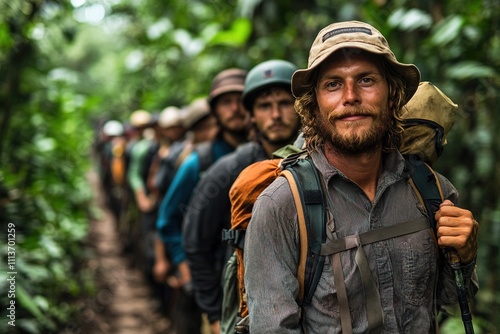 Group of hikers trekking in tropical rainforest