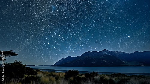 Under a clear sky, countless stars illuminate the night over tranquil waters and rugged mountain silhouettes
