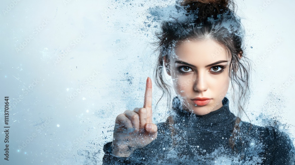 Obraz premium cyber bullying concept A young woman appears with a powerful expression, surrounded by swirling mist or particles.