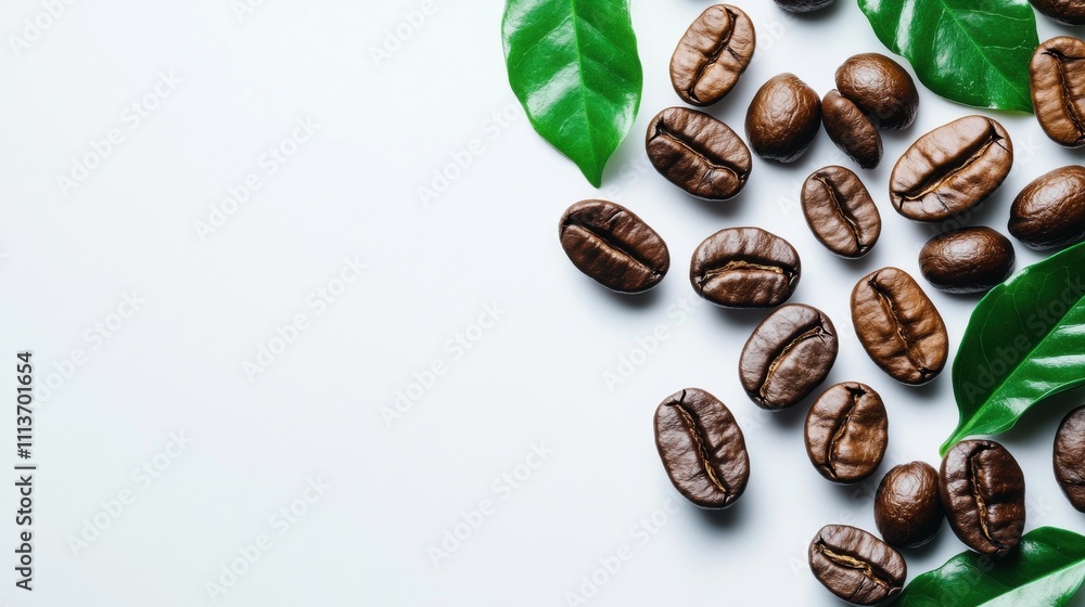 Roasted coffee beans and green leaves on white background. Roasted coffee beans and green leaves on white background.