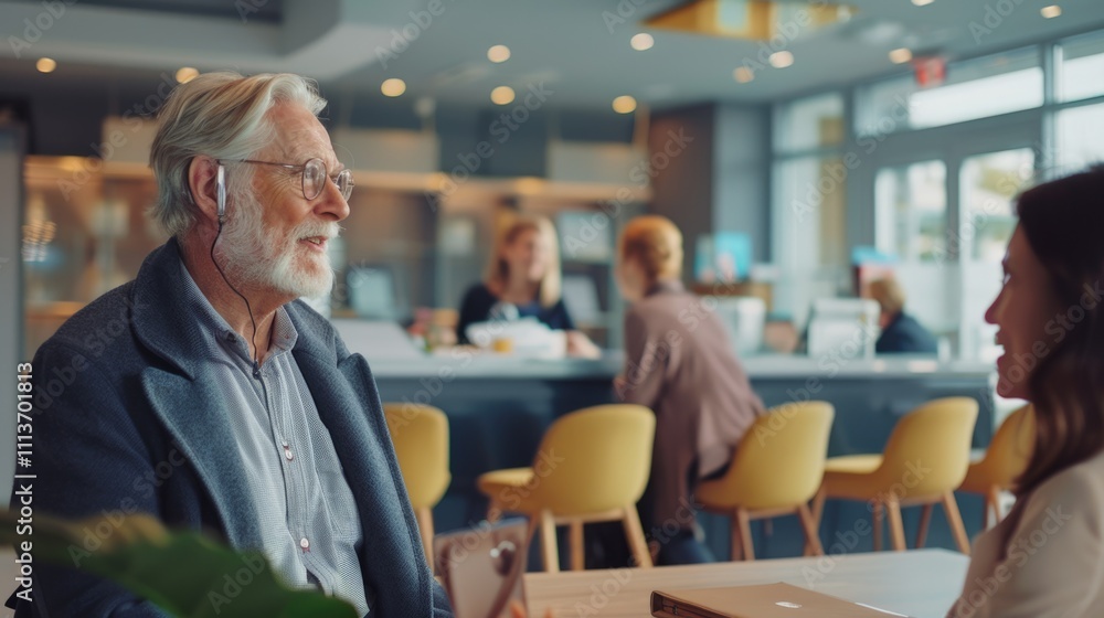 Senior man communicating with female receptionist while women sitting in background Senior man communicating with female receptionist while women sitting in background
