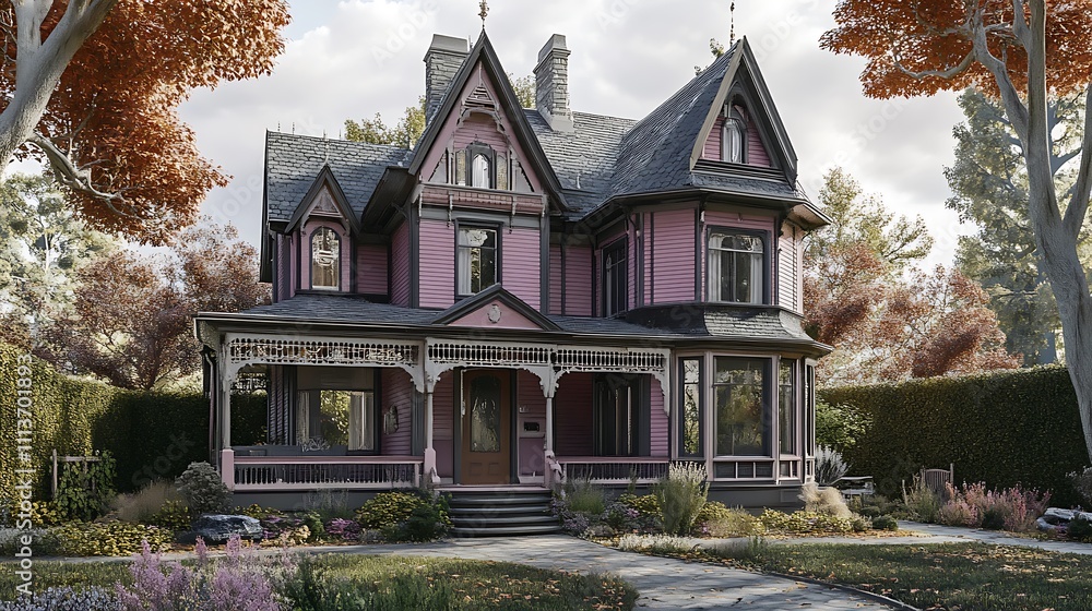 Victorian Pink Mansion with Lush Greenery Victorian Pink Mansion with Lush Greenery