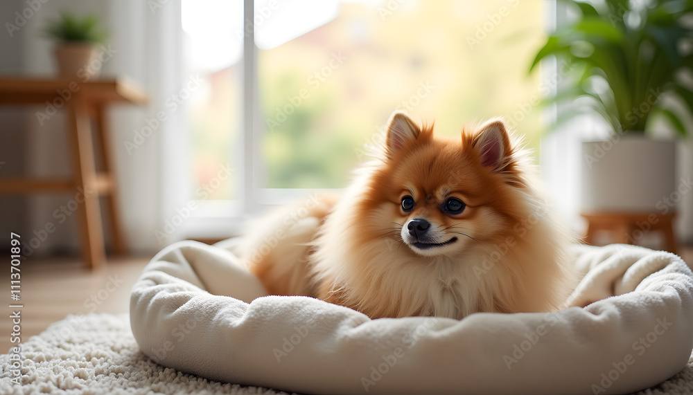 A cute Pomeranian pet resting on a cozy blanket A cute Pomeranian pet resting on a cozy blanket