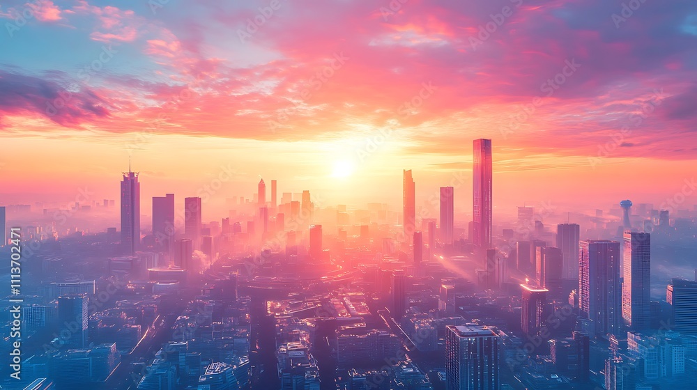 Fototapeta premium Cityscape at Sunrise with Pink and Orange Hues