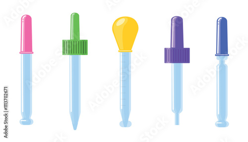 Set of beautiful various pipettes in cartoon style.Vector illustration of colored pipettes: pink, green, yellow, purple, blue, isolated on white background. Medical pipettes, chemical experiments.
