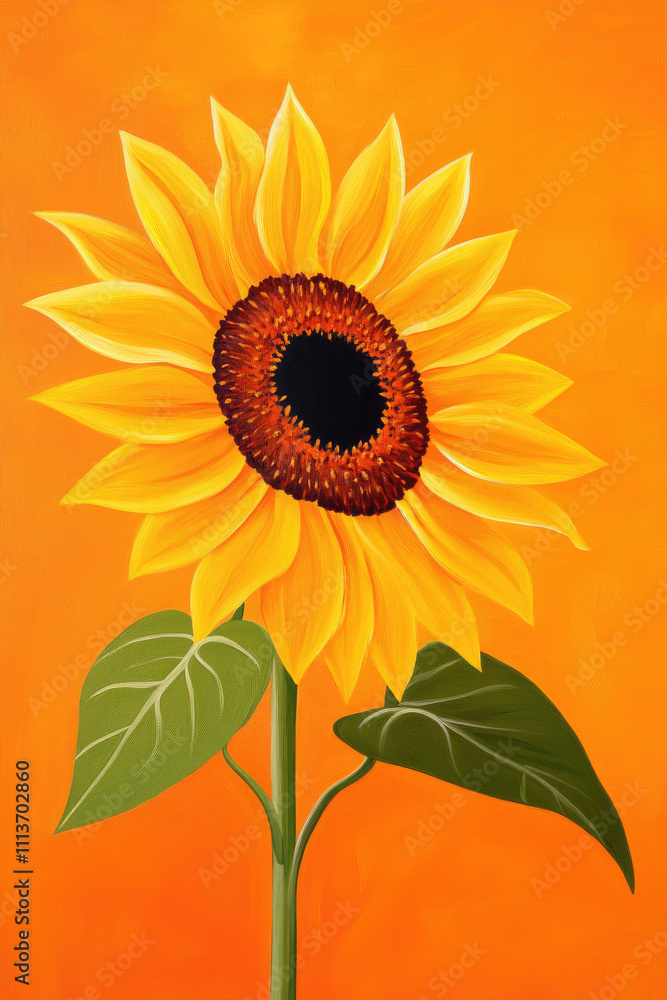 Naklejka premium Sunflower with vibrant petals on an orange background, illustrated in modern vibrant style, perfect for seasonal branding, posters, or decor...