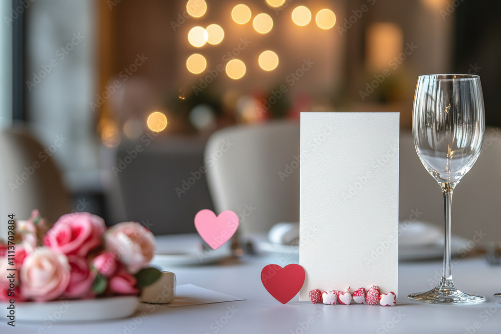 White blank menu holder mockup on a table with Valentine’s Day decorations, set in an elegant dining room, perfect for romantic dinner presentations. White blank menu holder mockup on a table with Valentine’s Day decorations, set in an elegant dining room, perfect for romantic dinner presentations.