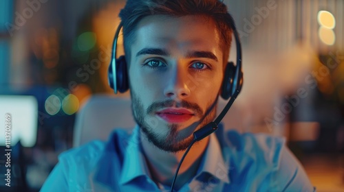 Young handsome male customer support phone operator with headset working in call center.