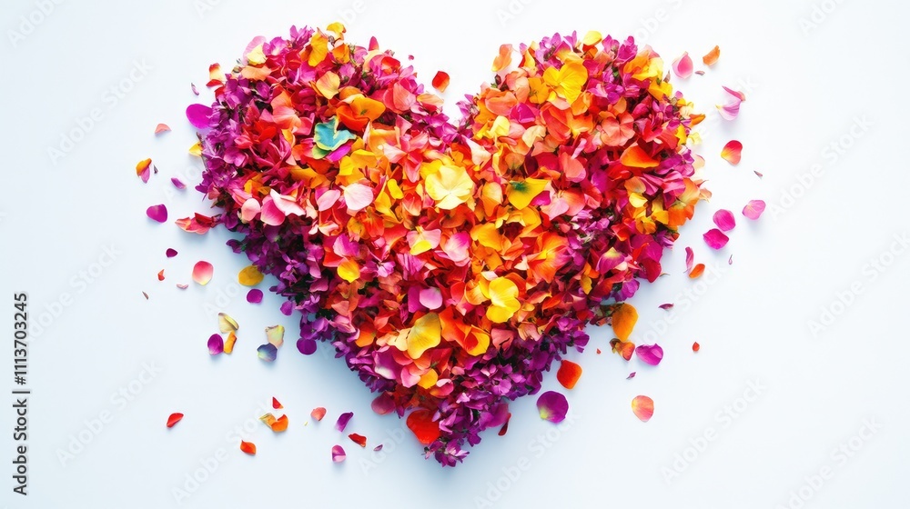 A vibrant heart symbol made of colorful flower petals, set against a pure white background. A vibrant heart symbol made of colorful flower petals, set against a pure white background.