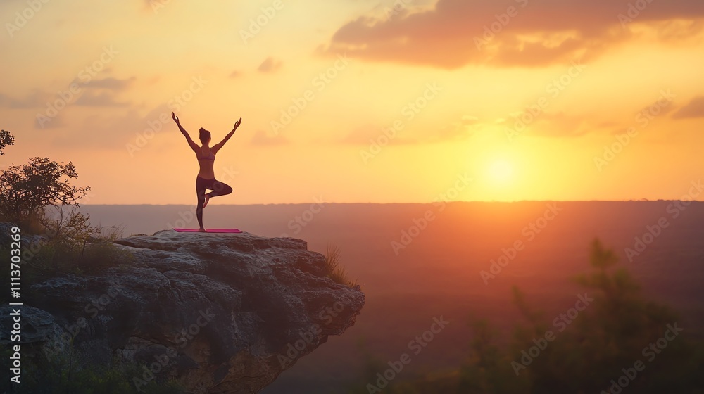 Woman doing yoga on a cliff at sunset. Woman doing yoga on a cliff at sunset.