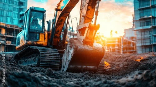 Excavator working at a construction site during sunset photo