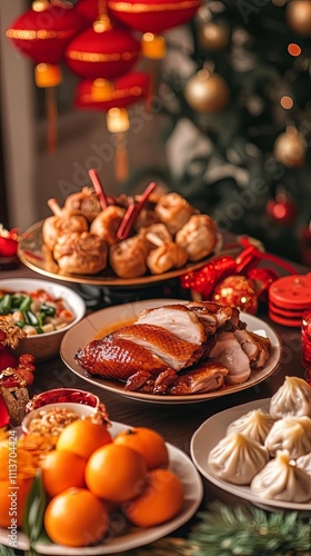 A Festive Chinese Feast with Roasted Duck and Dumplings