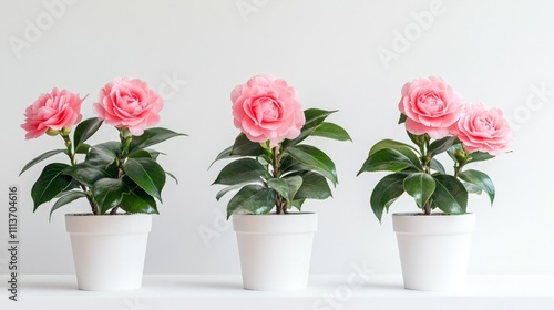 Wallpaper Mural Blooming Camellias in Elegant Pots, three vibrant camellia plants with glossy leaves and stunning flowers, set against a clean white backdrop, ideal for floral displays. Torontodigital.ca