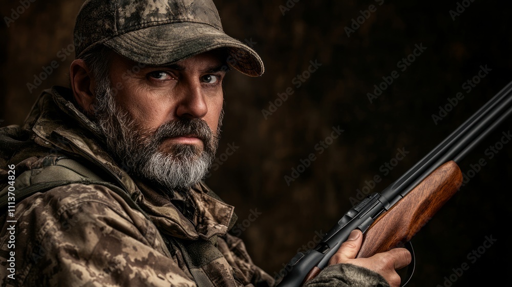 Serious mature man in camouflage holding a hunting rifle. Serious mature man in camouflage holding a hunting rifle.