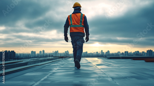 Construction Worker Walking on Rooftop at Sunset