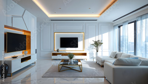 A modern luxury living room with interior design built-in shelf gold stanless cupboard and led strip light white wall with tv cabinet with stylish sofa  photo